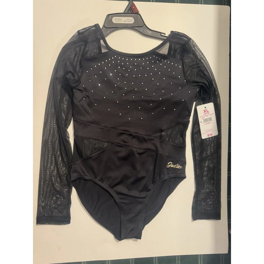 Justice Girls Black Long Sleeve Leotard Mesh Dance Gymnastics XL 16-18